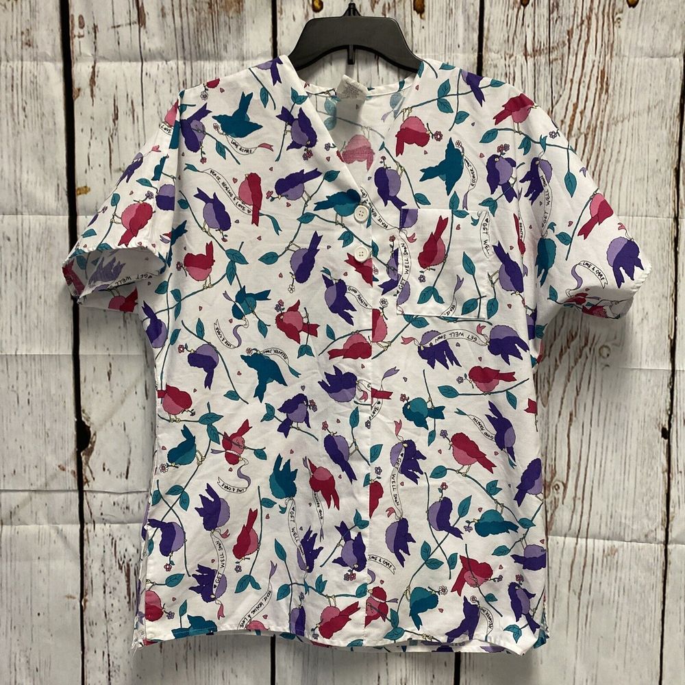 Women's XL Scrub Top Birds with Well Wishes And Flowers